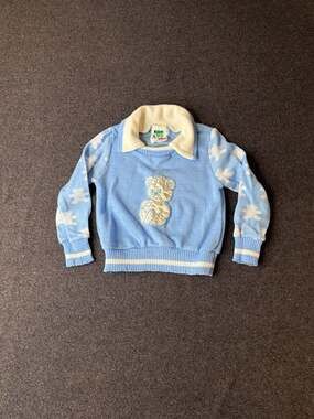 Vintage Bull Frog Knits Blue Teddy Bear Pullover Sweater Size 18 Months Made in